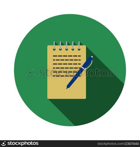 Notebook With Pen Icon. Flat Circle Stencil Design With Long Shadow. Vector Illustration.