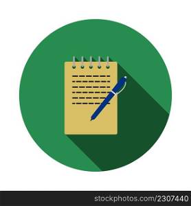 Notebook With Pen Icon. Flat Circle Stencil Design With Long Shadow. Vector Illustration.