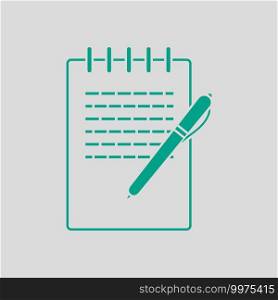 Notebook With Pen Icon. Green on Gray Background. Vector Illustration.