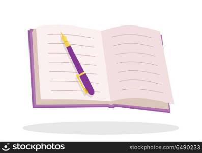 Notebook with pen vector illustration. Flat design. Opened notepad with empty page and classic pen. Stationery for notes. Personal diary. For study, organization concepts. Isolated on white background. Notebook with Pen Flat Design Vector Illustration . Notebook with Pen Flat Design Vector Illustration
