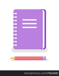 Notebook with spiral to write memos and pencil isolated vector icons. Study supplies for university and school, copybook with personal information, textbook. Notebook with Spiral to Write Memos Pencil Icons