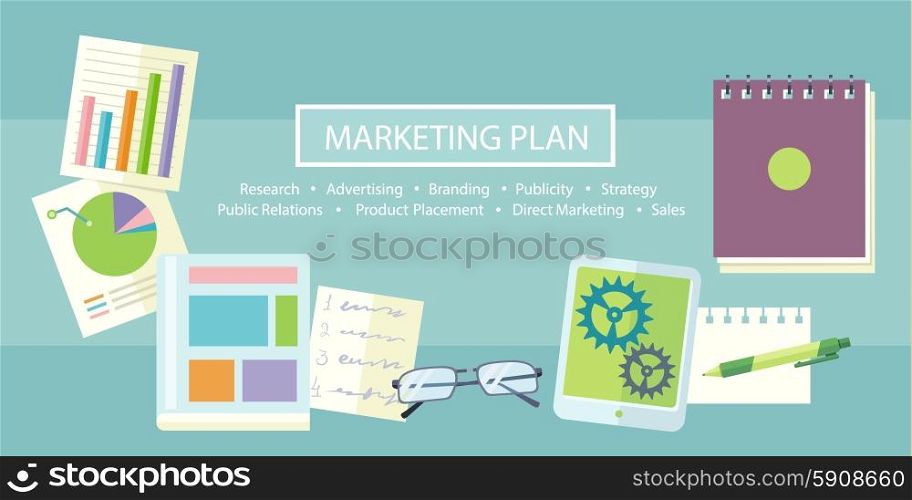 Notebook with text marketing plan, research, advertising, branding, publicity, strategy, public relations, product placement, direct marketing and sales on table with office objects