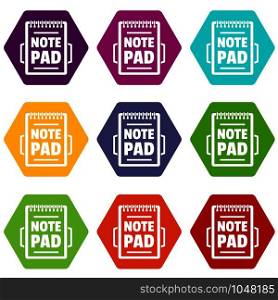 Notepad icons 9 set coloful isolated on white for web. Notepad icons set 9 vector