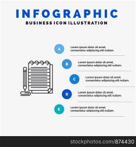 Notepad, Notebook, Pad, Novel Line icon with 5 steps presentation infographics Background