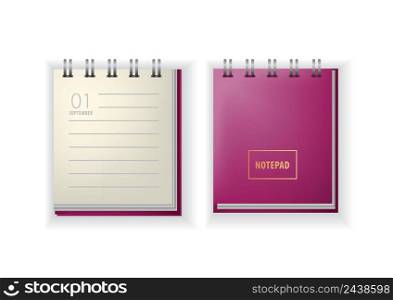 Notepad realistic vector illustration. Calendar, September, the first, back to school. Stationery concept. Design element for banners, posters, leaflets and brochures.