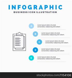 Notepad, Report Card, Result, Presentation Line icon with 5 steps presentation infographics Background