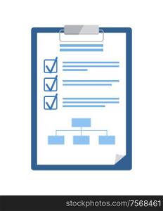 Notepad with checklist and scheme, business plan vector. Check marks and table, pad with project and completed tasks or startup goals isolated icon. Notepad with Checklist and Scheme, Business Plan