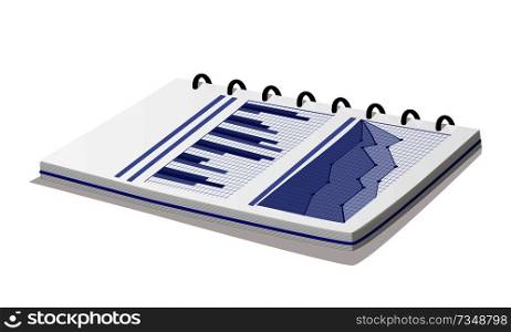 Notepad with statistical diagram vector banner, illustration isolated on white background, paper charts and data of business analytics works. Notepad with Statistical Diagram Vector Banner