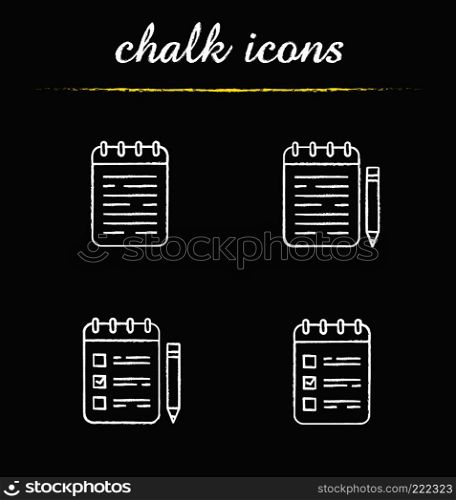 Notepads chalk icons set. Notebooks and to do lists with pencils. Isolated vector chalkboard illustrations. Notepads chalk icons set