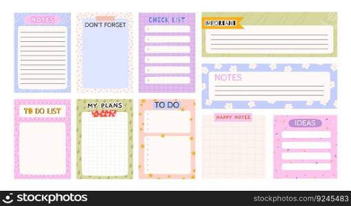 Notepads sheets template. Cartoon kids planner pages, to do and check list. Notepad schedule and lined paper. Racy cute diary journal vector design of notepad and memo list illustration. Notepads sheets template. Cartoon kids planner pages, to do and check list. Notepad schedule and lined paper. Racy cute diary journal vector design