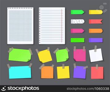 Notepaper with adhesive tape. Blank stickers with ripped edges lined with grids, colored notebook pages. Vector illustration isolated set white empty paper with sticker for notes. Notepaper with adhesive tape. Blank stickers with ripped edges lined with grids, colored notebook pages. Vector isolated set