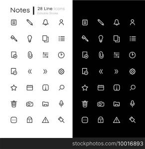 Notes linear icons set for dark and light mode. Add image file. Personal diary. Mobile UI interface. Customizable thin line symbols. Isolated vector outline illustrations. Editable stroke. Notes linear icons set for dark and light mode