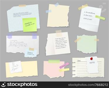 Notes paper sheets attached with adhesive tape. Meeting reminder, to-do list and memo notice, letter on piece of paper, notepad or notebook page with torn sides and stickers 3d realistic vector set. Notes, memo paper sheets on adhesive tape vector