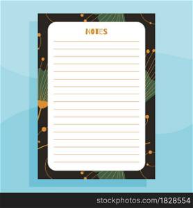 Notes print concept page template. With hand drawn exotic floral leaves pattern. Vector