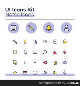 Notes UI icons kit. Private journal and color vector symbols set. Add image file. Personal diary mobile app buttons in purple circles pack. Web design elements collection. Notes UI icons kit