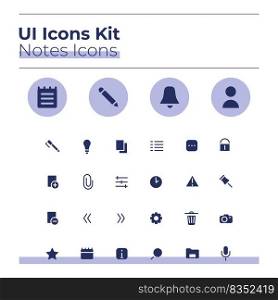 Notes UI icons kit. Private journal glyph vector symbols set. Add image file. Personal diary mobile app buttons in purple circles pack. Web design elements collection. Notes UI icons kit