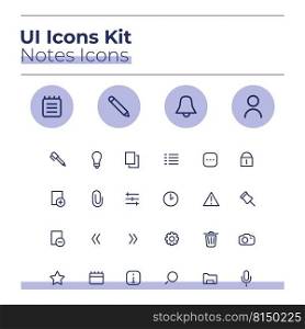 Notes UI icons kit. Private journal thin line vector symbols set. Add image file. Personal diary mobile app buttons in purple circles pack. Web design elements collection. Notes UI icons kit