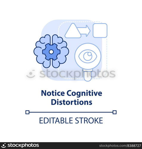 Notice cognitive distortions light blue concept icon. Thoughts patterns. Adaptability abstract idea thin line illustration. Isolated outline drawing. Editable stroke. Arial, Myriad Pro-Bold fonts used. Notice cognitive distortions light blue concept icon