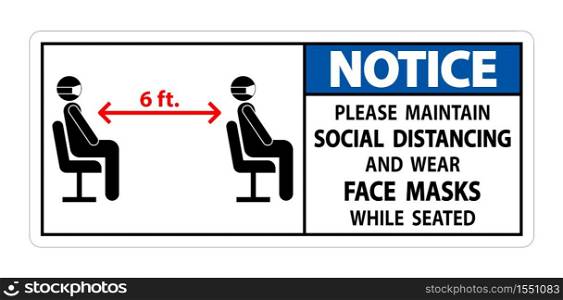 Notice Maintain Social Distancing Wear Face Masks Sign on white background