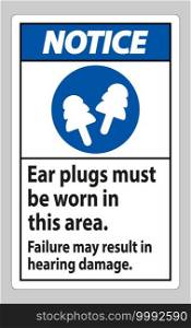 Notice sign Ear Plugs Must Be Worn In This Area, Failure May Result In Hearing Damage