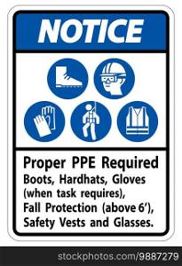 Notice Sign Proper PPE Required Boots, Hardhats, Gloves When Task Requires Fall Protection With PPE Symbols 