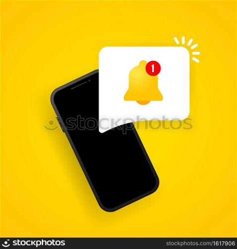 Notification bell on smartphone display illustration. New message. Vector on isolated background. EPS 10.. Notification bell on smartphone display illustration. New message. Vector on isolated background. EPS 10