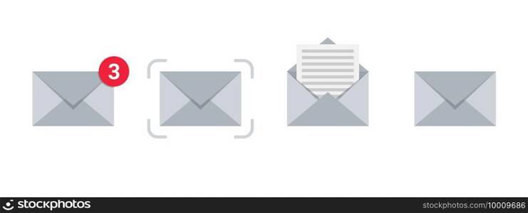 Notification icons. Message icons set. Email icons. Envelope icons. Flat style. Vector illustration