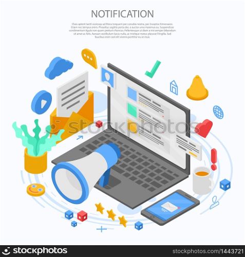 Notification message concept banner. Isometric illustration of notification message vector concept banner for web design. Notification message concept banner, isometric style