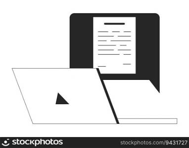 Notification message on laptop flat monochrome isolated vector object. Laptop computer office. Editable black and white line art drawing. Simple outline spot illustration for web graphic design. Notification message on laptop flat monochrome isolated vector object