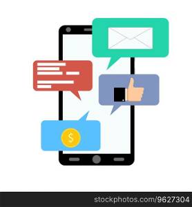 Notification on smartphone, like, salary, message. Notification messenger with coin and thumb up. Vector illustration. Notification on smartphone, like, salary, message