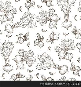 Nourishment and healthy eating, beetroot with leaves seamless pattern. Veggie for useful plant-based menu of vegan or vegetarian. Dieting or detox. Monochrome sketch outline, vector in flat style. Beetroot vegetable with leaves, ripe veggie seamless pattern