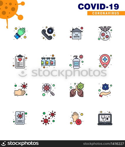 Novel Coronavirus 2019-nCoV. 16 Flat Color Filled Line icon pack check list, virus, risk, corona, bat viral coronavirus 2019-nov disease Vector Design Elements