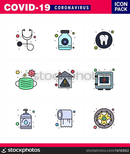 Novel Coronavirus 2019-nCoV. 9 Filled Line Flat Color icon pack prevent, home, health, safety, mask viral coronavirus 2019-nov disease Vector Design Elements