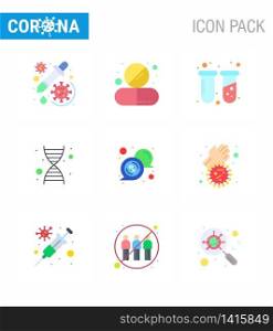 Novel Coronavirus 2019-nCoV. 9 Flat Color icon pack bubble, genetics, pill, dna, tubes viral coronavirus 2019-nov disease Vector Design Elements
