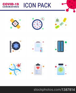 Novel Coronavirus 2019-nCoV. 9 Flat Color icon pack clipboard, medical center, bacterium, hospital signboard, blood viral coronavirus 2019-nov disease Vector Design Elements