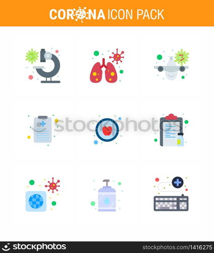 Novel Coronavirus 2019-nCoV. 9 Flat Color icon pack healthy, apple, travel, report, health chart viral coronavirus 2019-nov disease Vector Design Elements