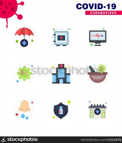 Novel Coronavirus 2019-nCoV. 9 Flat Color icon pack medical, building, medical electronics, virus, particle viral coronavirus 2019-nov disease Vector Design Elements