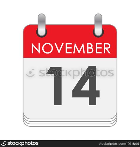 November 14. A leaf of the flip calendar with the date of November 14. Flat style.
