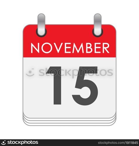 November 15. A leaf of the flip calendar with the date of November 15. Flat style.