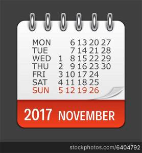 November 2017 Calendar Daily Icon. Vector Illustration Emblem. Element of Design for Decoration Office Documents and Applications. Logo of Day, Date, Month and Holiday. EPS10. November 2017 Calendar Daily Icon. Vector Illustration Emblem. E
