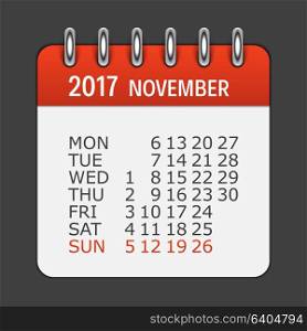 November 2017 Calendar Daily Icon. Vector Illustration Emblem. Element of Design for Decoration Office Documents and Applications. Logo of Day, Date, Month and Holiday. EPS10. November 2017 Calendar Daily Icon. Vector Illustration Emblem. E