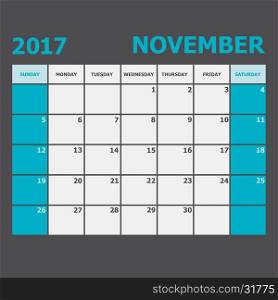 November 2017 November calendar week starts on Sunday, stock vector