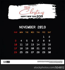 November 2019 New year Calendar Template. Brush Stroke Header Background. Vector EPS10 Abstract Template background