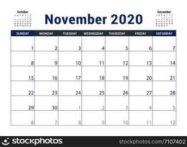 November 2020 calendar. English planner. ?olor vector template. Week starts on Sunday. Business planning. New year calender. Clean minimal table. Simple design