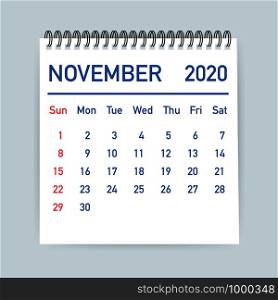 November 2020 Calendar Leaf. Calendar 2020 in flat style. Vector stock illustration.. November 2020 Calendar Leaf. Calendar 2020 in flat style. Vector illustration.