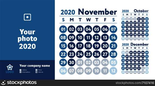 November 2020 calendar. New year planner design. English calender. Blue color vector template. Week starts on Sunday. Business planning.
