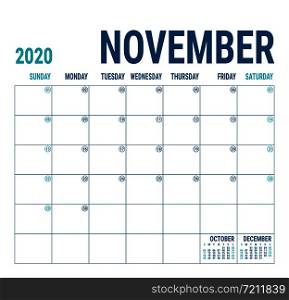 November 2020. Calendar planner. English calender template. Vector square grid. Office business planning. Creative design. Blue color