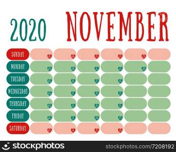 November 2020 diary. Calendar. Cute trend design. New year planner. English calender. Green and red color vector template. Notebook for notes. Week starts on Sunday. Planning. Hearts