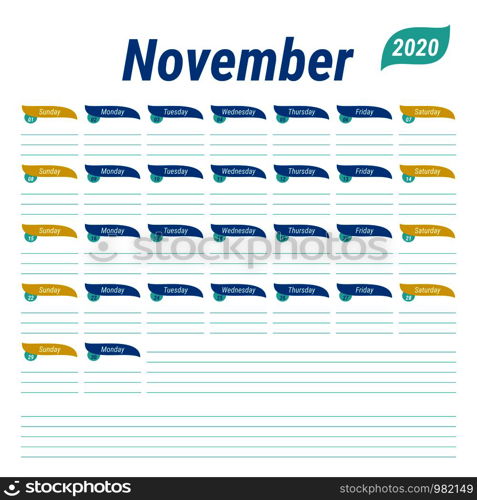 November 2020 planner. English calendar. Schedule design, journal, day book, diary or to-do list. Green color vector template. Week starts on Sunday. Business planning. New year calender