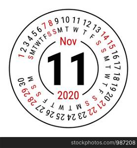 November 2020. Vector English ?alendar. Round calender. Week starts on Sunday. Design template. Circle. Eleventh month